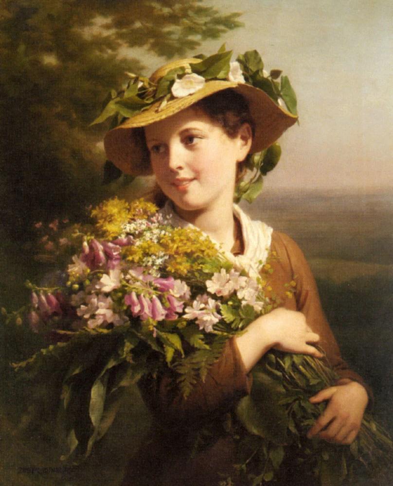 Una giovane bellezza che tiene in mano un mazzo di fiori